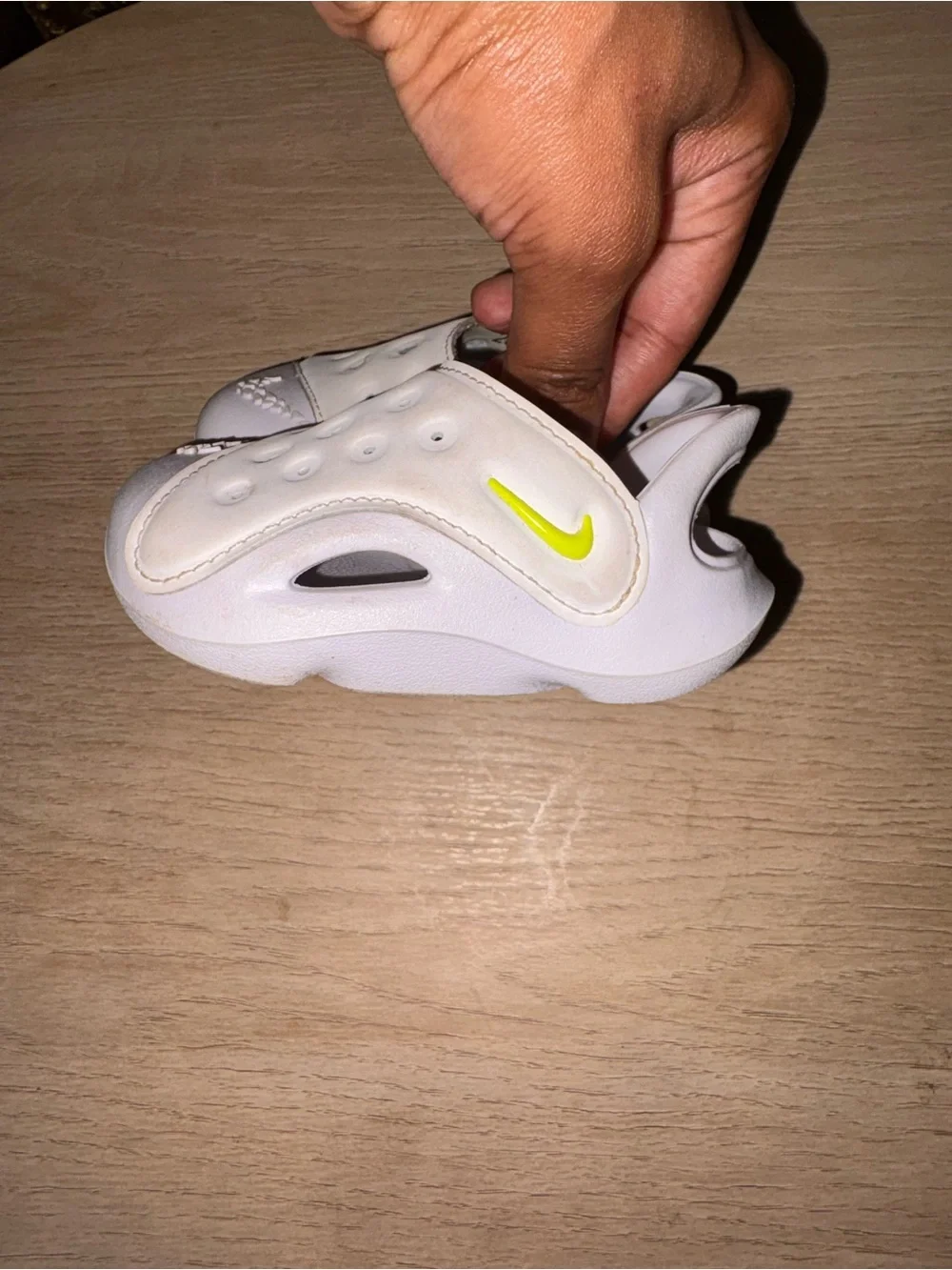 Nike toddler Aquaswoosh White Slip-On Sandals with Neon Yellow Swoosh Accent